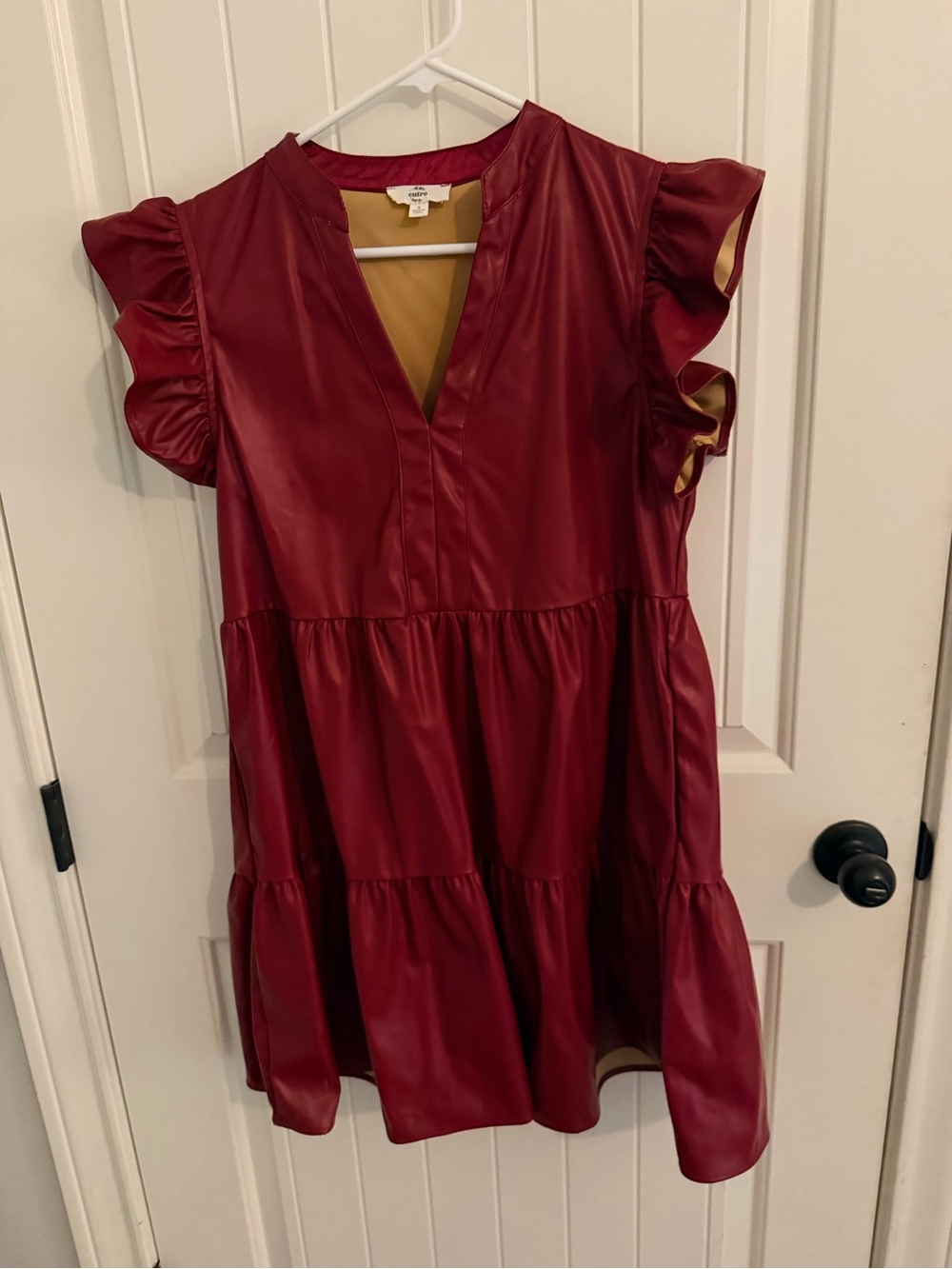 entro Burgundy Faux-Leather Ruffle Sleeve Midi Dress